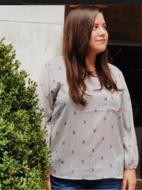 Jon & Anna Black-and-White Striped Blouse with Pink Floral Accents